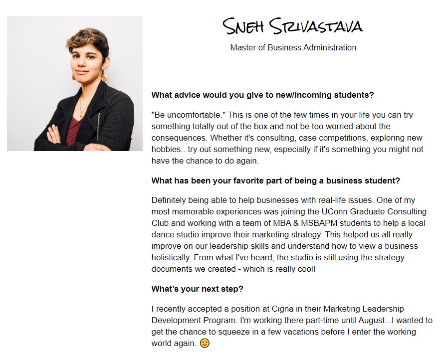 Sneh Srivastava University of Connecticut MBA interview
